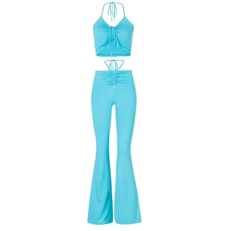 Self tie halter drawstring ruched backless solid flared pant set