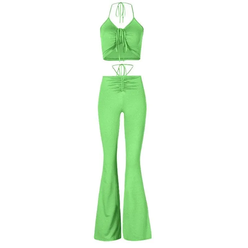 Self tie halter drawstring ruched backless solid flared pant set