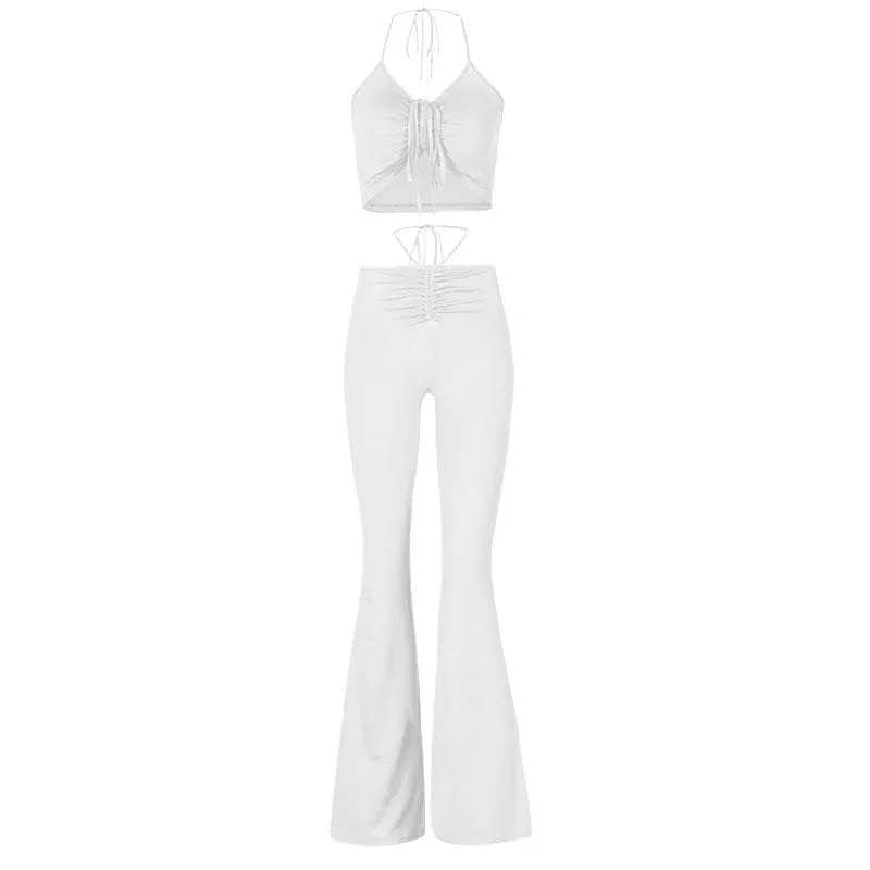 Self tie halter drawstring ruched backless solid flared pant set