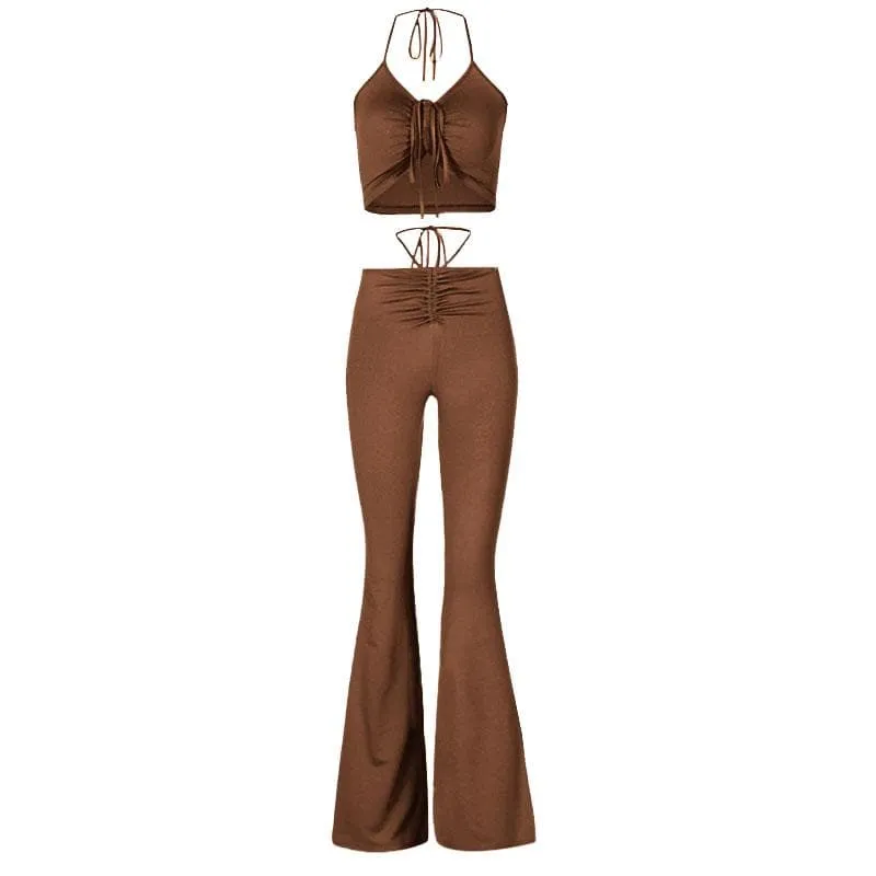 Self tie halter drawstring ruched backless solid flared pant set