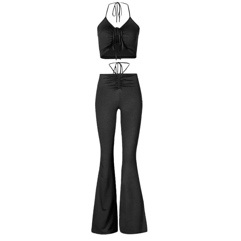 Self tie halter drawstring ruched backless solid flared pant set