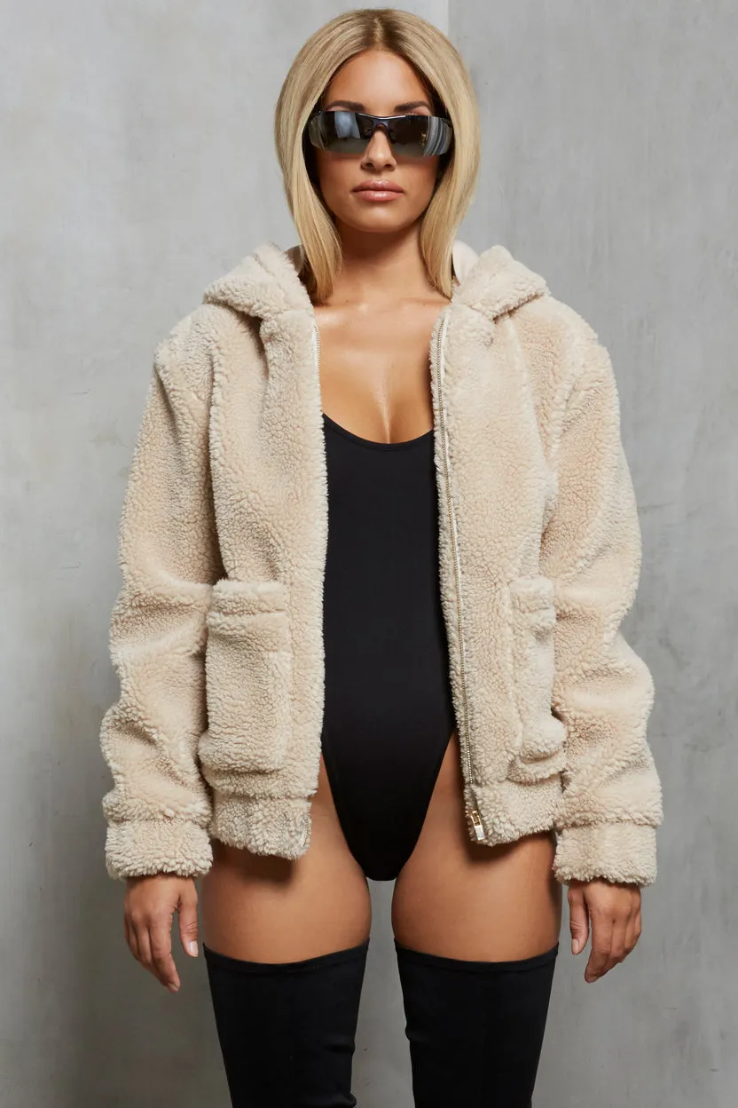 Shearling Hooded Faux Fur Teddy Jacket in Beige