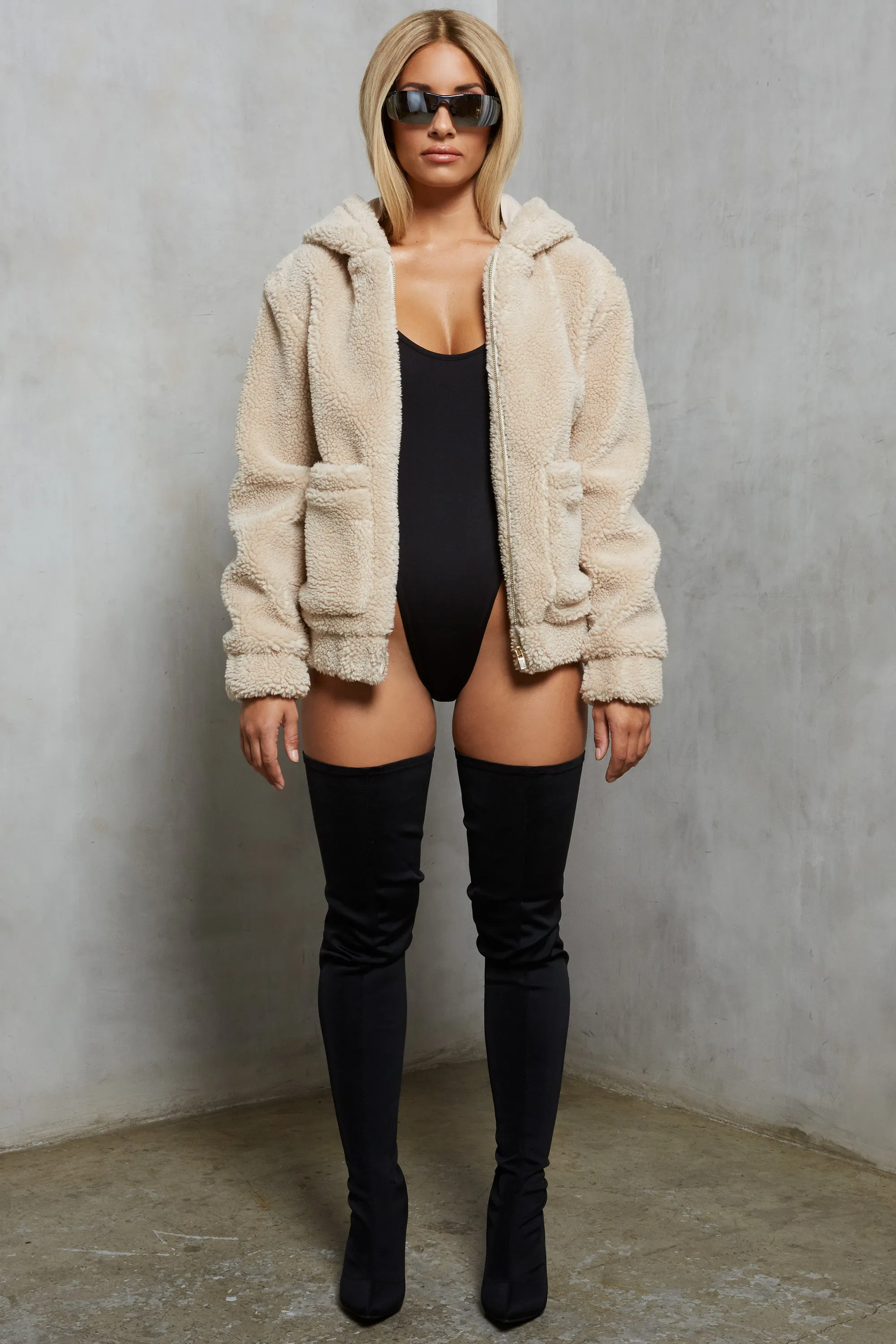 Shearling Hooded Faux Fur Teddy Jacket in Beige