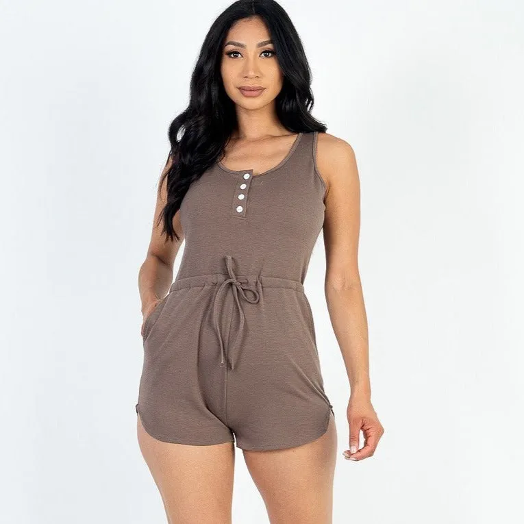 Sleeveless Drawstring Waist Button Tank Romper