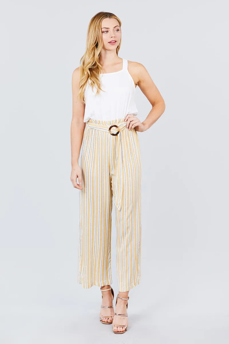 Straight Neck Waist Belted Stripe Long Jumpsuit