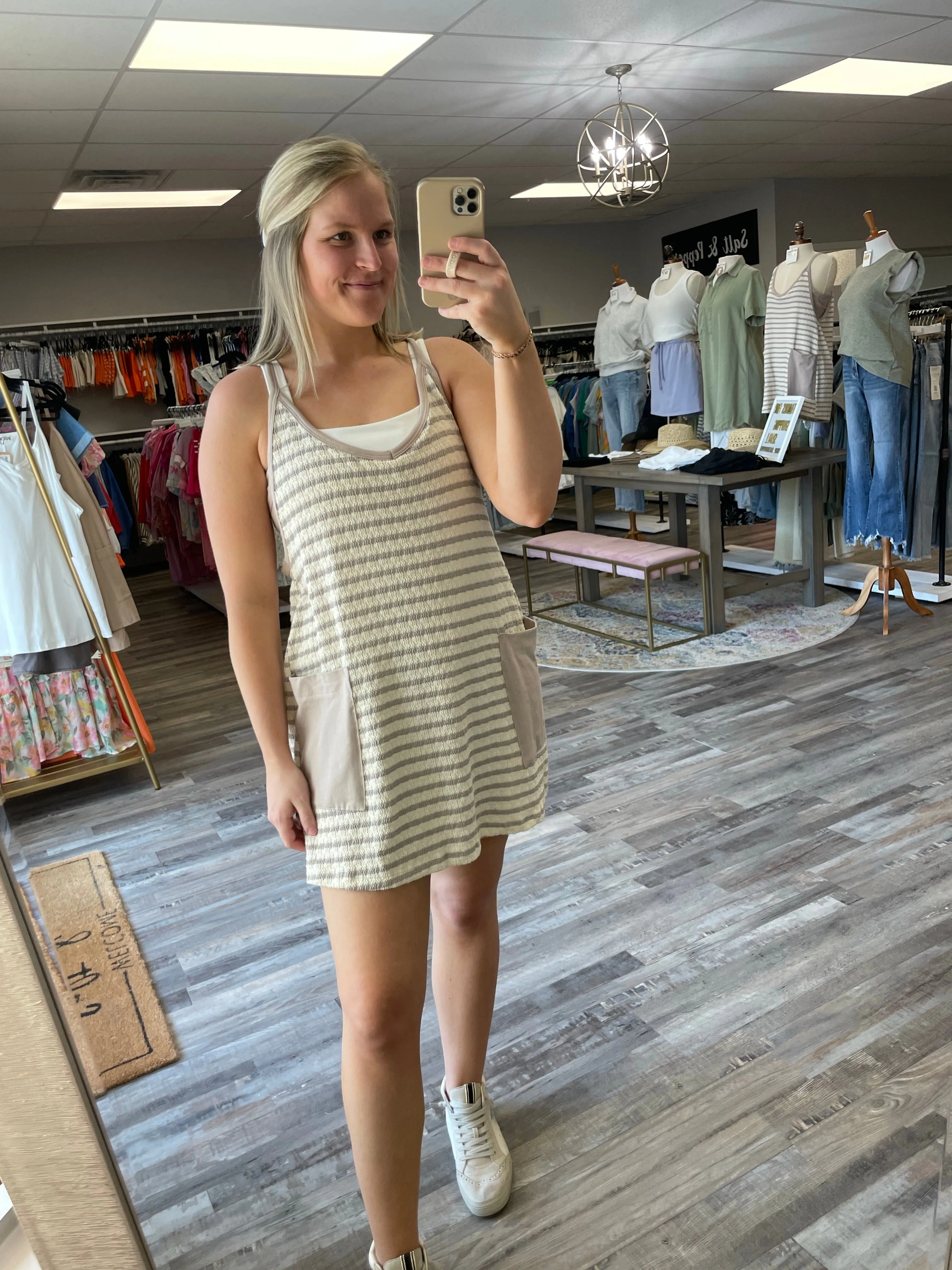 Striped Romper Dress - Taupe