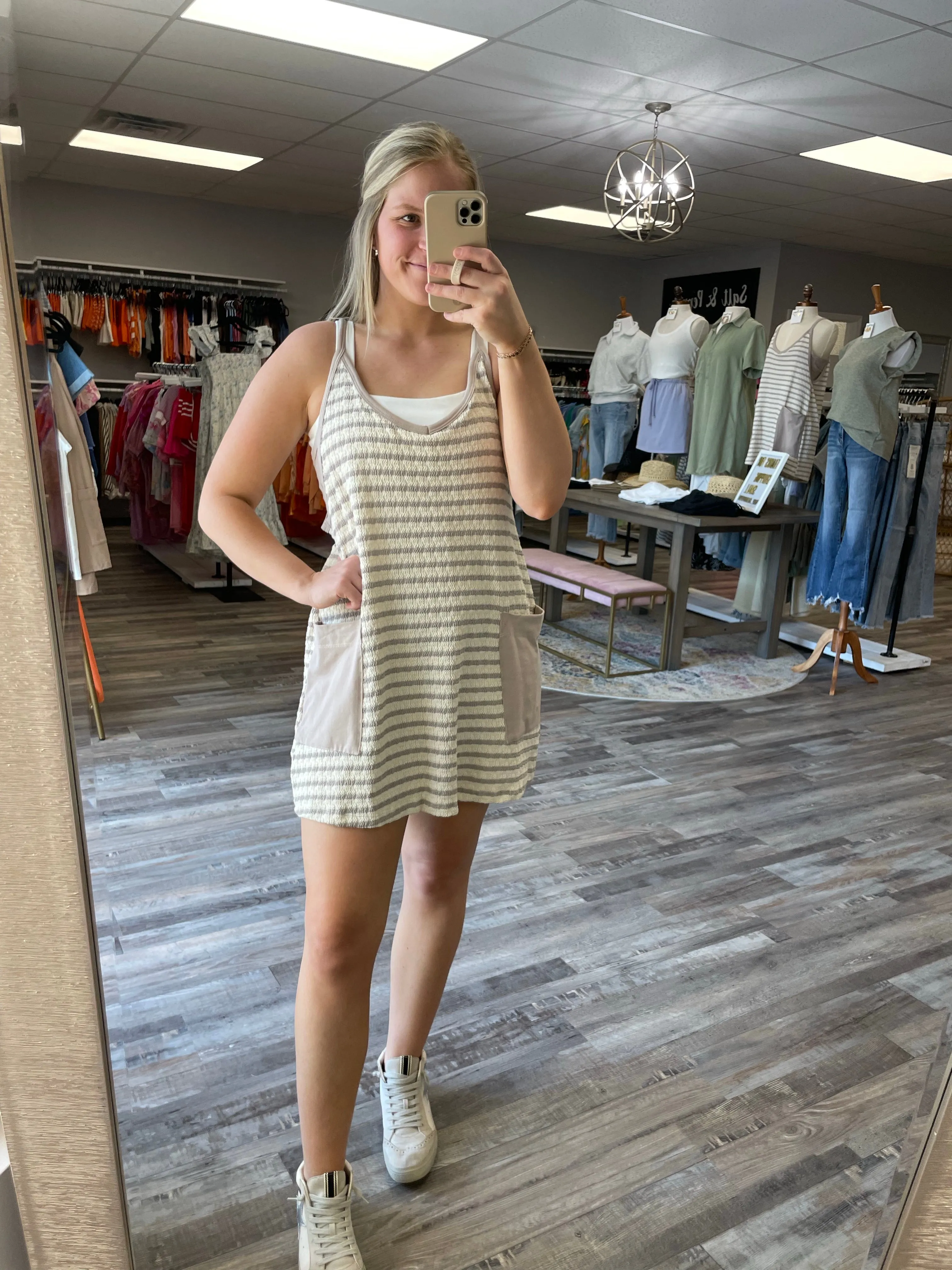 Striped Romper Dress - Taupe