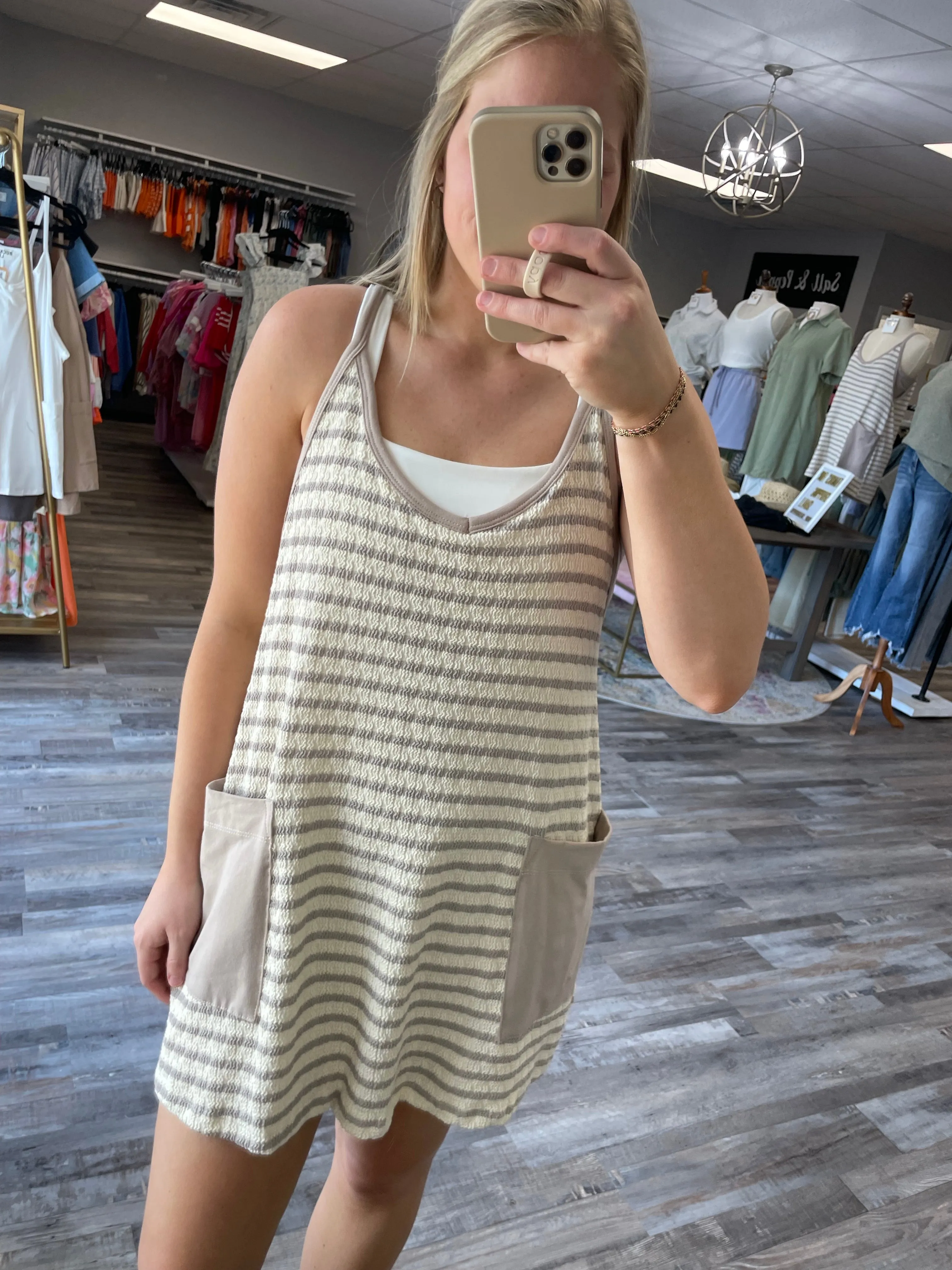 Striped Romper Dress - Taupe