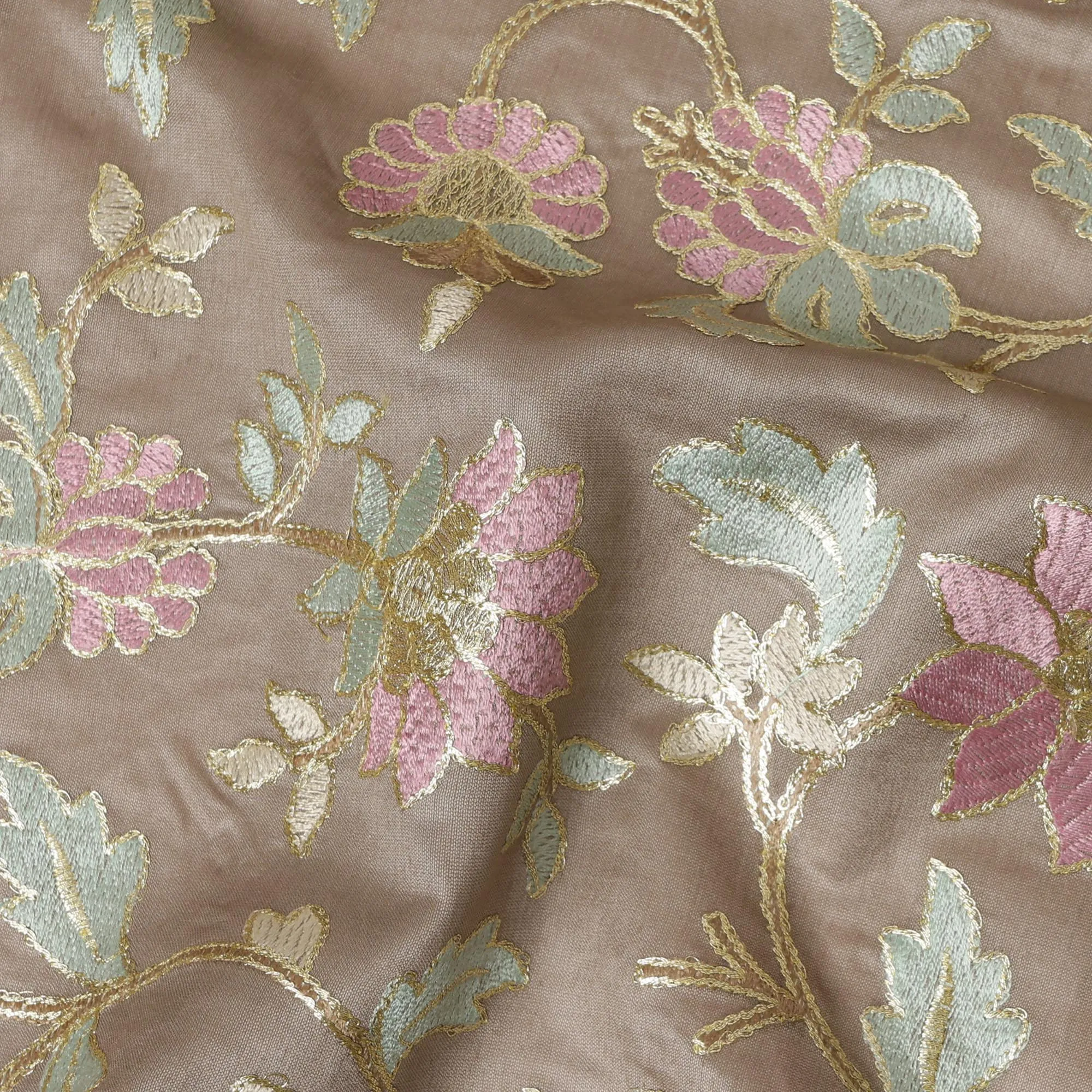 Taupe Cotton Silk Fabric with Pink and Mint Green Floral Embroidery, 110 cm Width-D20433