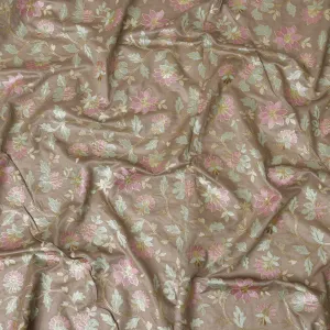 Taupe Cotton Silk Fabric with Pink and Mint Green Floral Embroidery, 110 cm Width-D20433