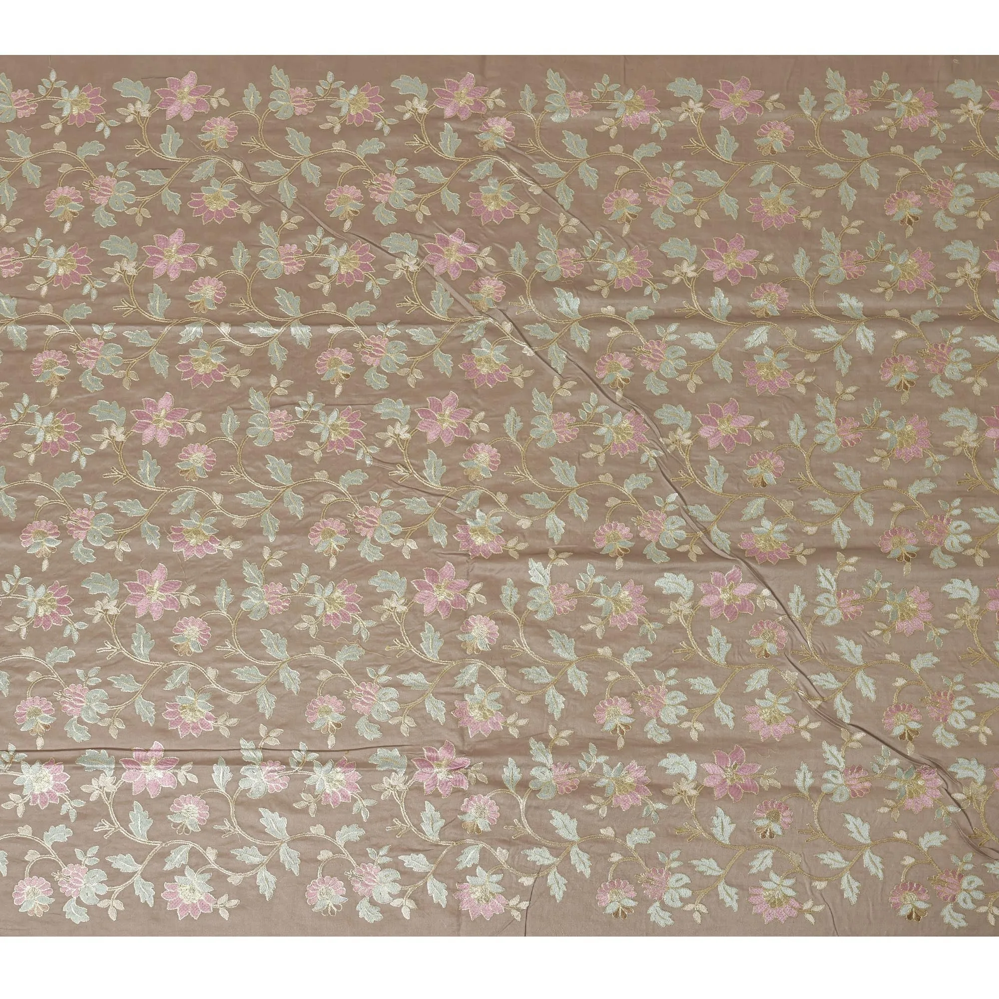 Taupe Cotton Silk Fabric with Pink and Mint Green Floral Embroidery, 110 cm Width-D20433