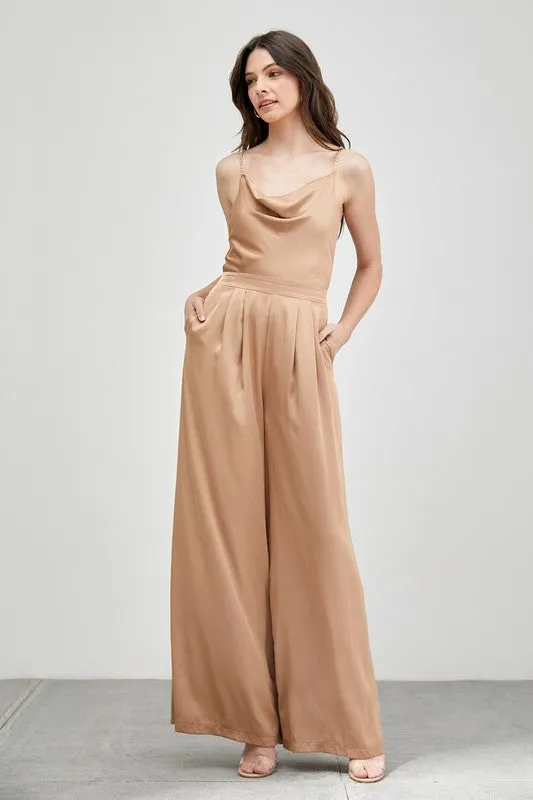 Taupe Cowl Neck Trim Detail Jumpsuit