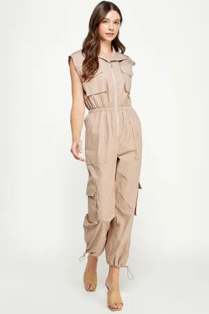 Taupe High Neck Cargo Technical Jumpsuit