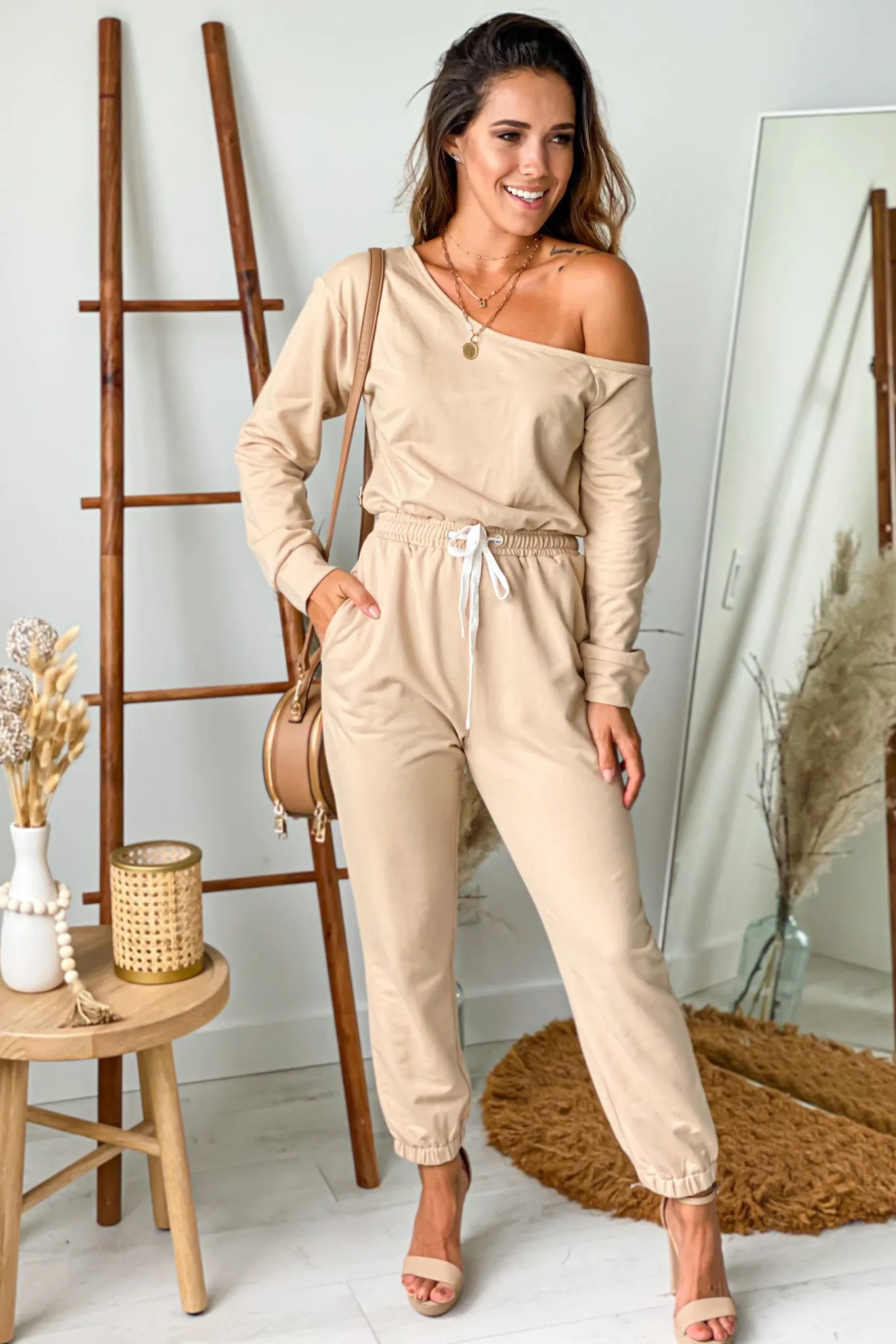 Taupe One Shoulder Jumpsuit