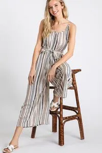 Taupe spaghetti strap stripe wide leg romper