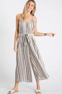 Taupe spaghetti strap stripe wide leg romper