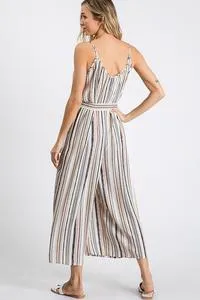 Taupe spaghetti strap stripe wide leg romper