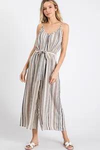 Taupe spaghetti strap stripe wide leg romper