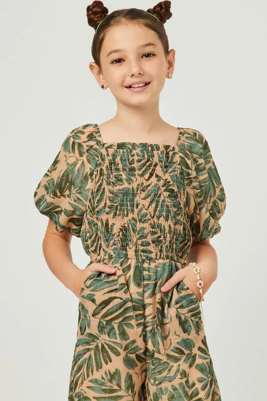 Taupe Tropical Leaf Print Smocked Puff Sleeve Jumpsuit