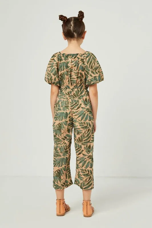 Taupe Tropical Leaf Print Smocked Puff Sleeve Jumpsuit