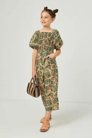 Taupe Tropical Leaf Print Smocked Puff Sleeve Jumpsuit