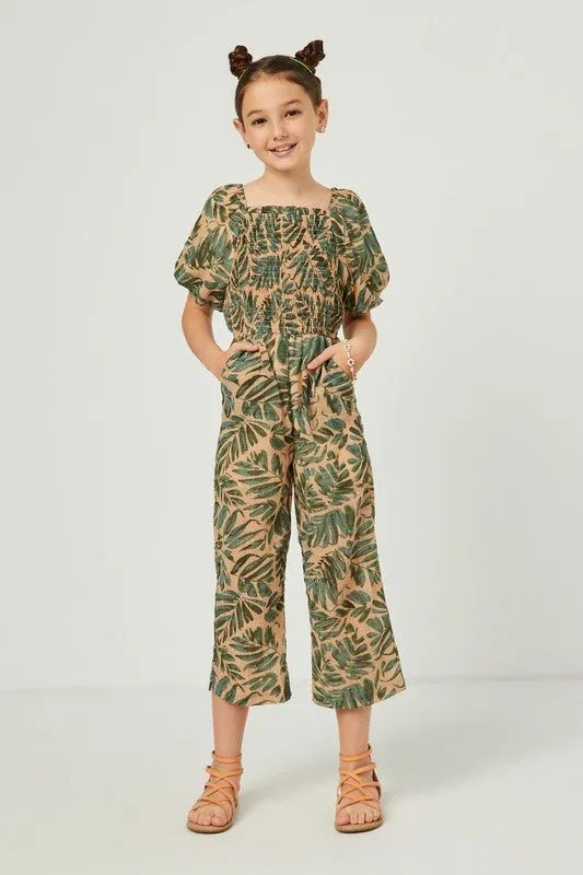 Taupe Tropical Leaf Print Smocked Puff Sleeve Jumpsuit