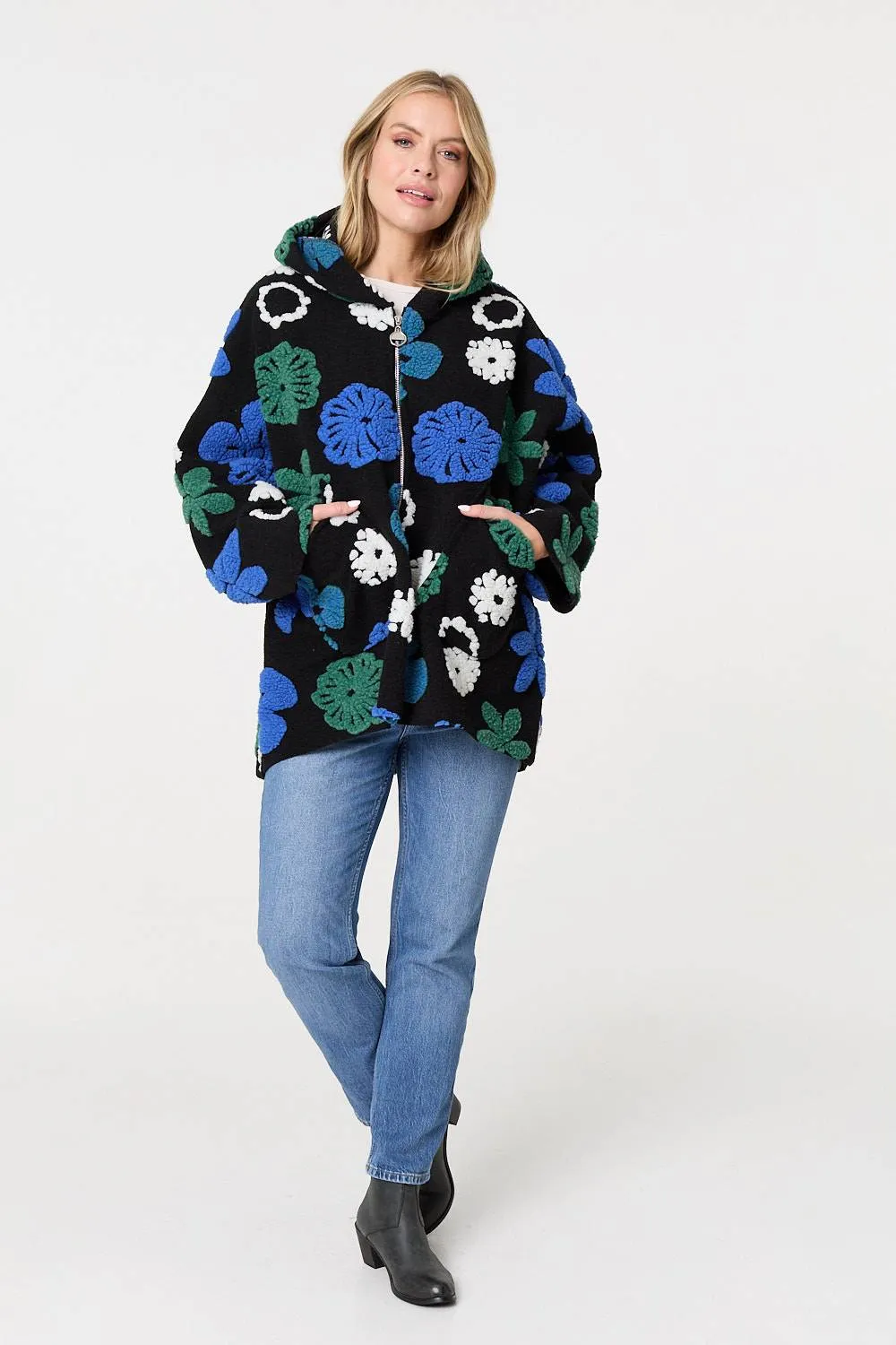 Textured Floral Longline Hoodie Coat