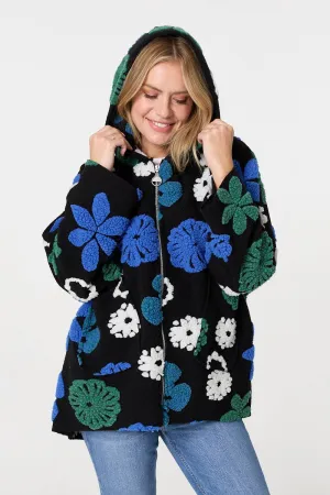 Textured Floral Longline Hoodie Coat