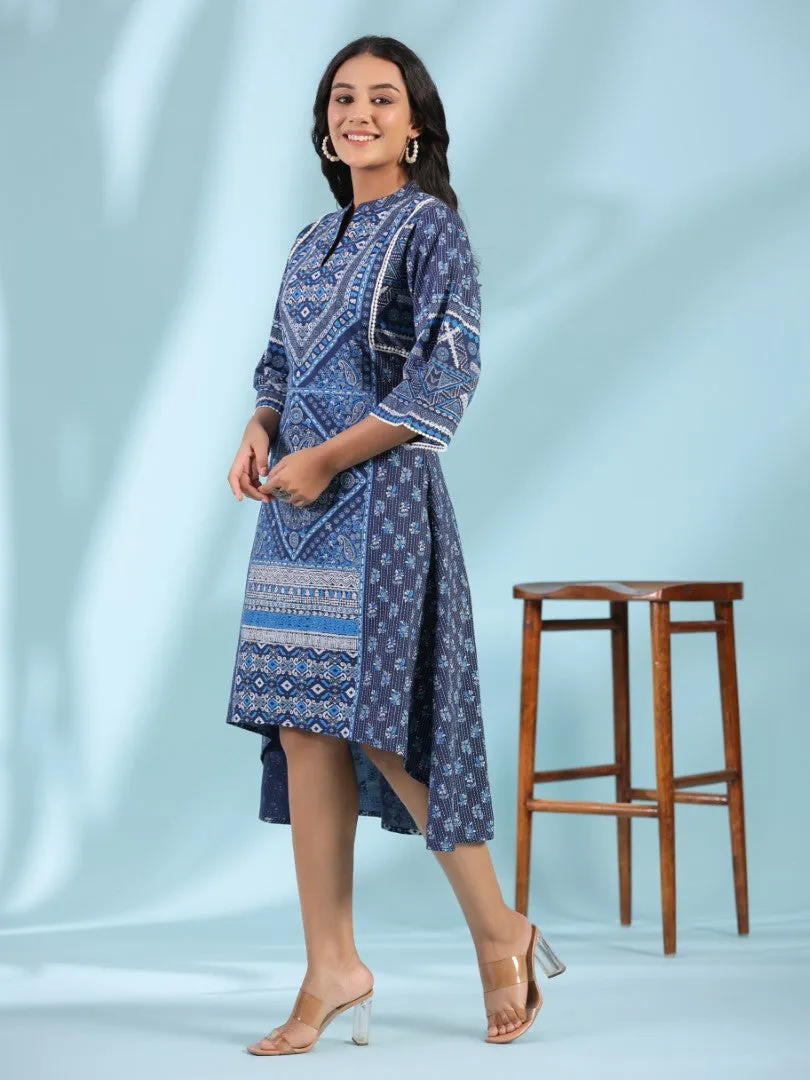 Women Blue Cotton Cambric Printed Asymmetric Midi Dress