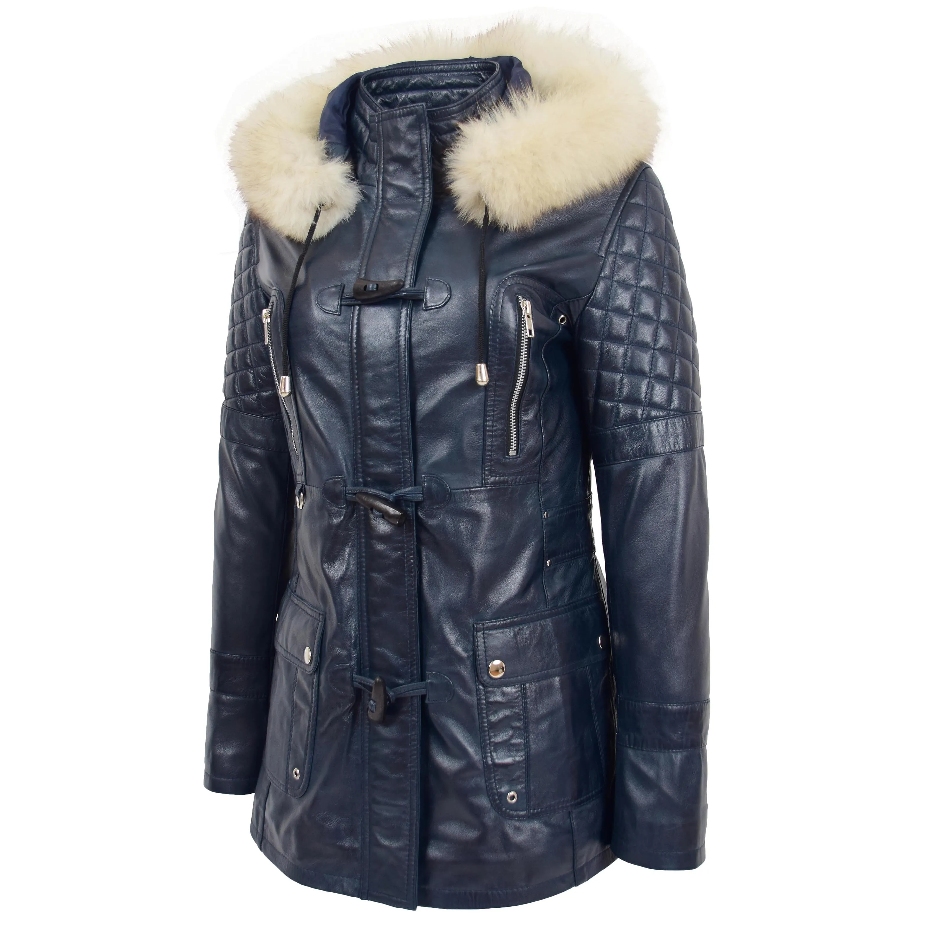 Womens Original Duffle Style Leather Coat Ariel Blue