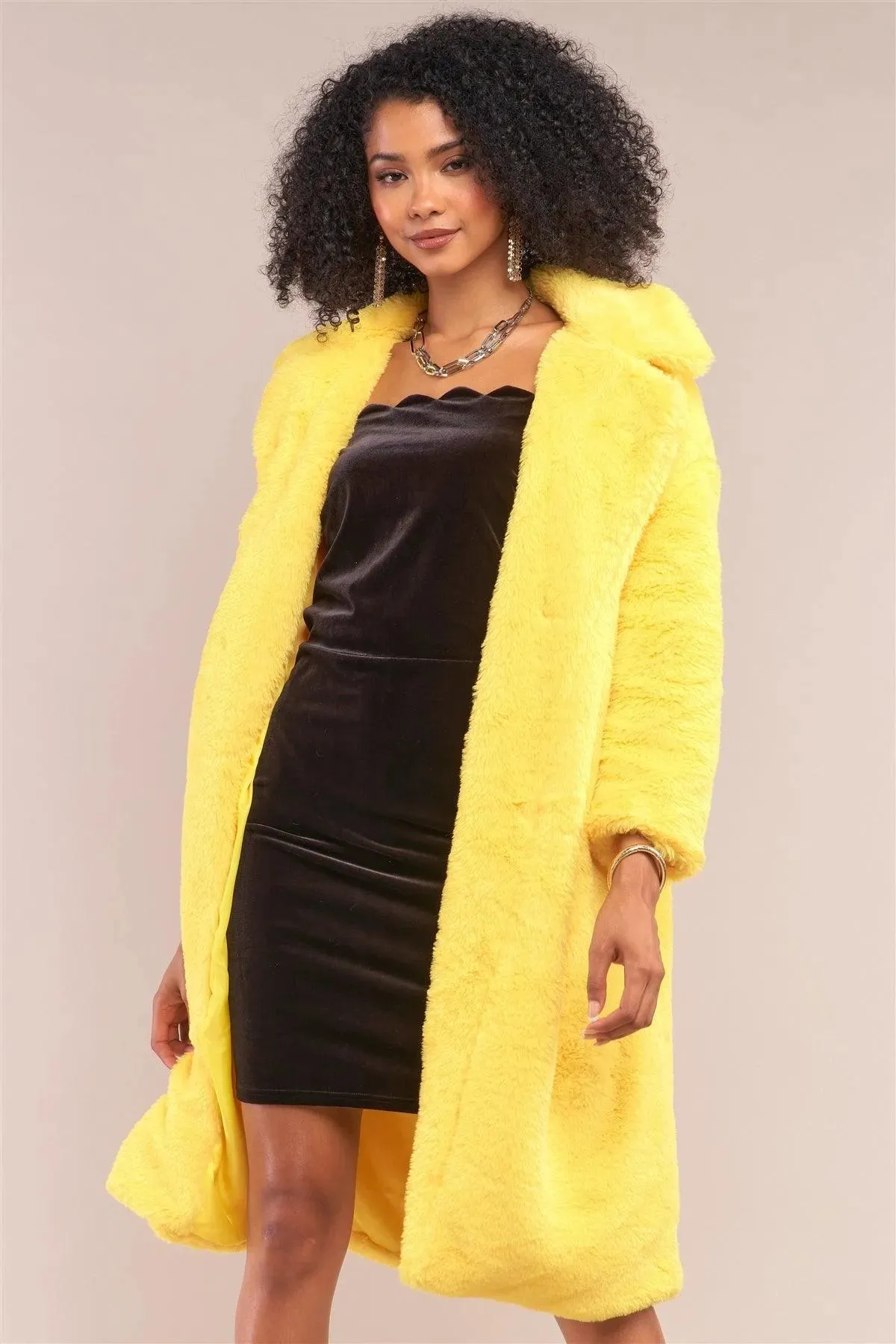 Yellow Long Sleeve Open Front Faux Fur Trench Coat /1-1-2