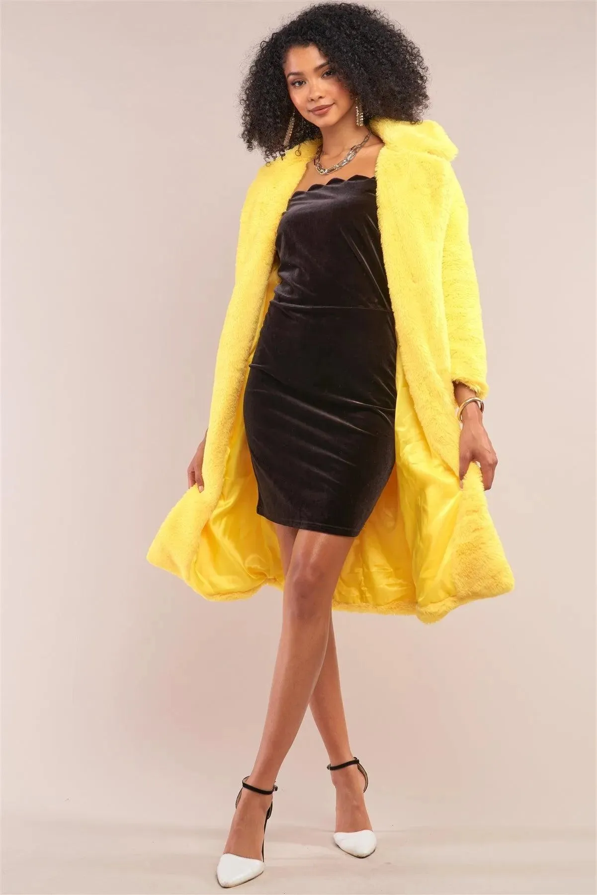 Yellow Long Sleeve Open Front Faux Fur Trench Coat /1-1-2